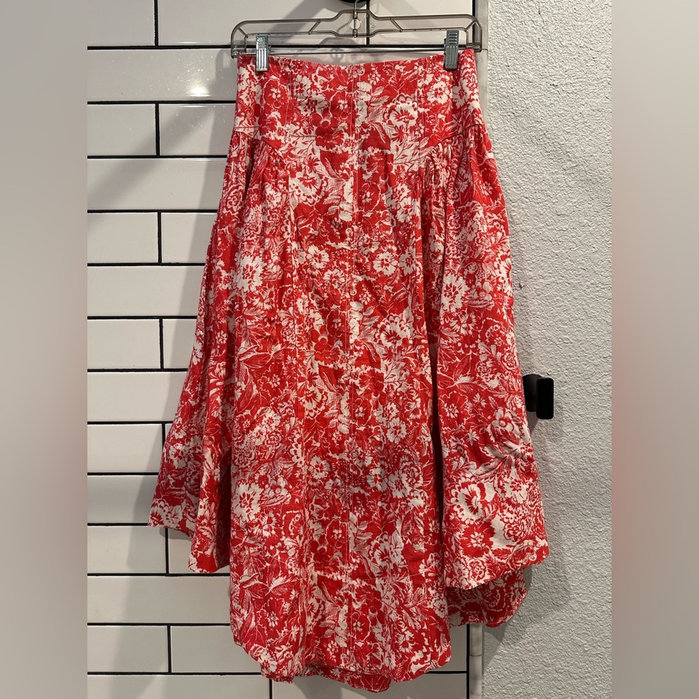 Anthropologie Midi Skirt Women Red Floral Linen Boho Size 4